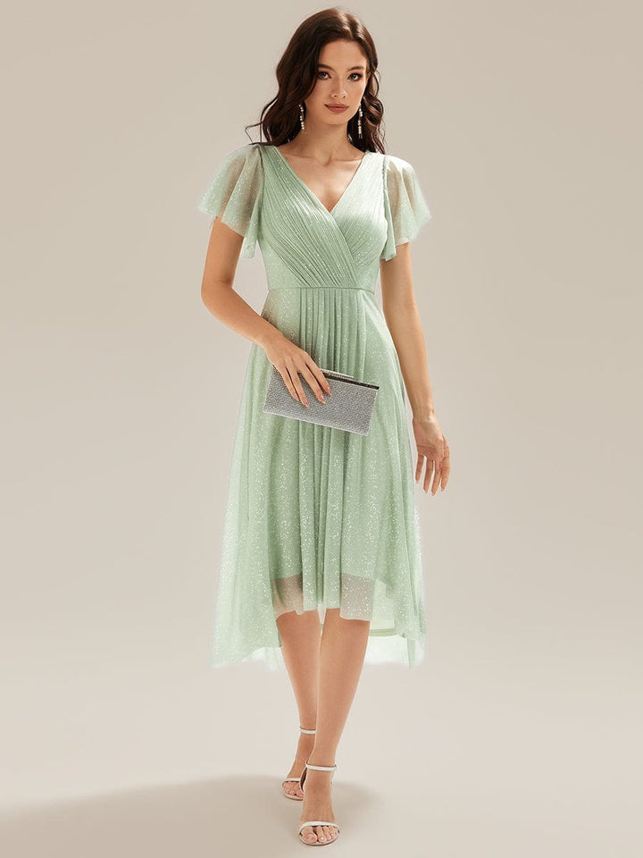 ever MIA|Pleated Glitter Ruffle Sleeve Dress