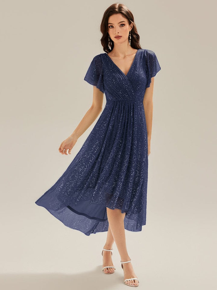 ever MIA|Pleated Glitter Ruffle Sleeve Dress