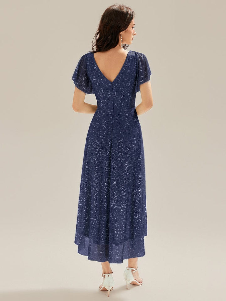 ever MIA|Pleated Glitter Ruffle Sleeve Dress