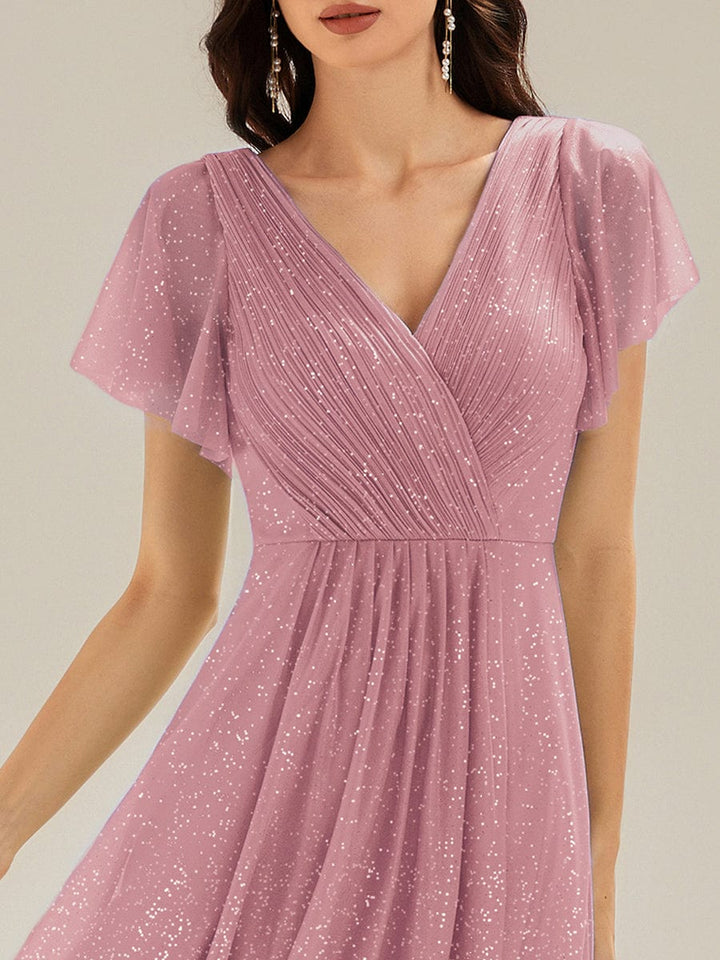 ever MIA|Pleated Glitter Ruffle Sleeve Dress