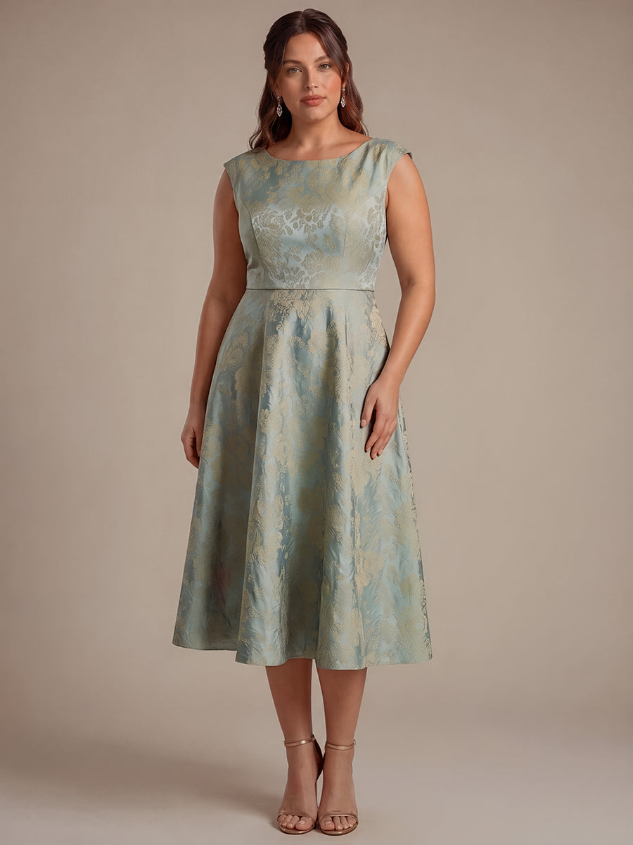 Plus Size Floral Jacquard Tea-Length A-Line Wedding Guest Dress