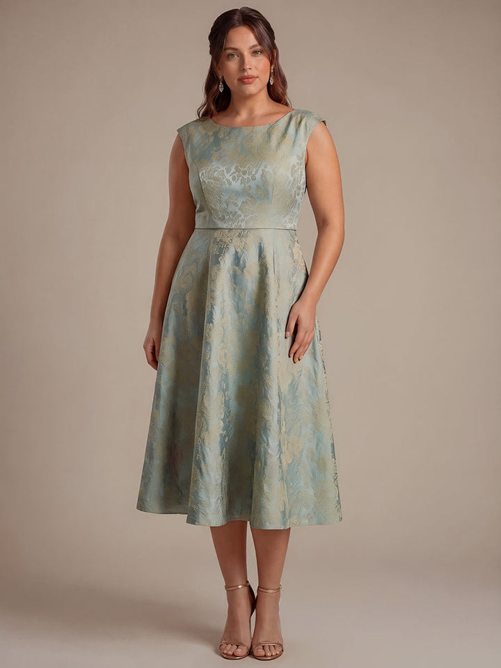 Plus Size Floral Jacquard Tea-Length A-Line Wedding Guest Dress