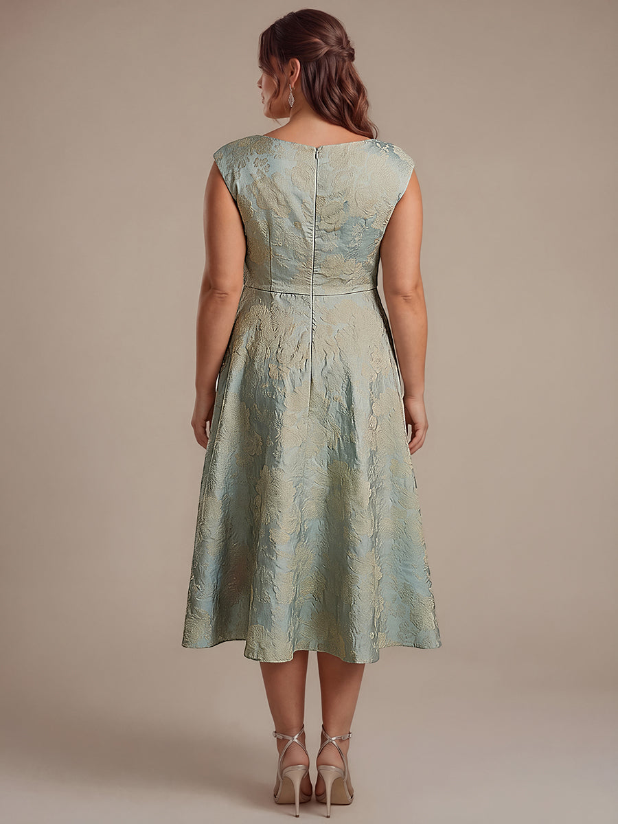 Plus Size Floral Jacquard Tea-Length A-Line Wedding Guest Dress