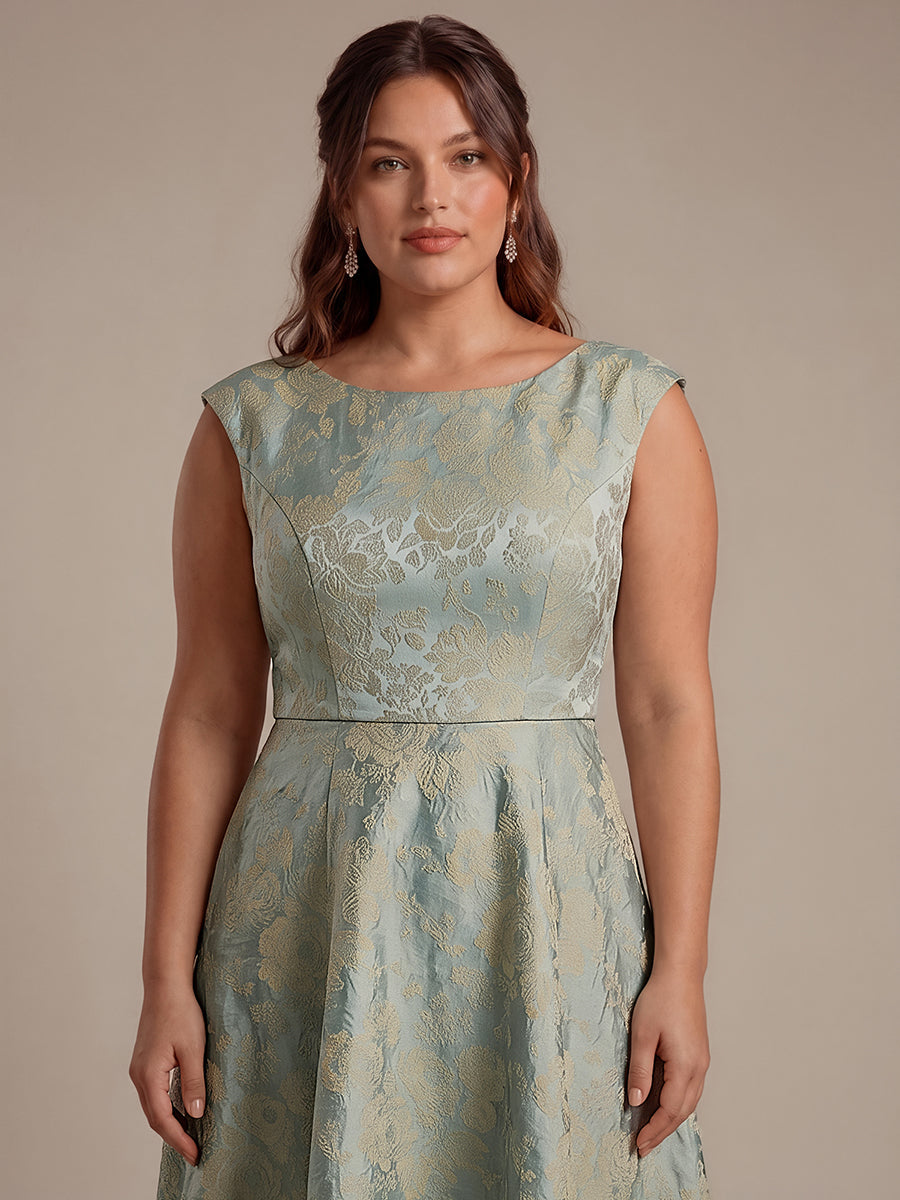 Plus Size Floral Jacquard Tea-Length A-Line Wedding Guest Dress