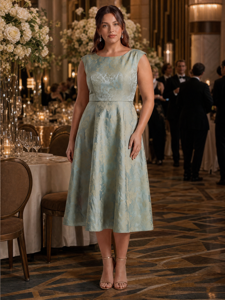 Plus Size Floral Jacquard Tea-Length A-Line Wedding Guest Dress