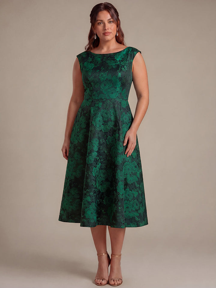 Plus Size Floral Jacquard Tea-Length A-Line Wedding Guest Dress