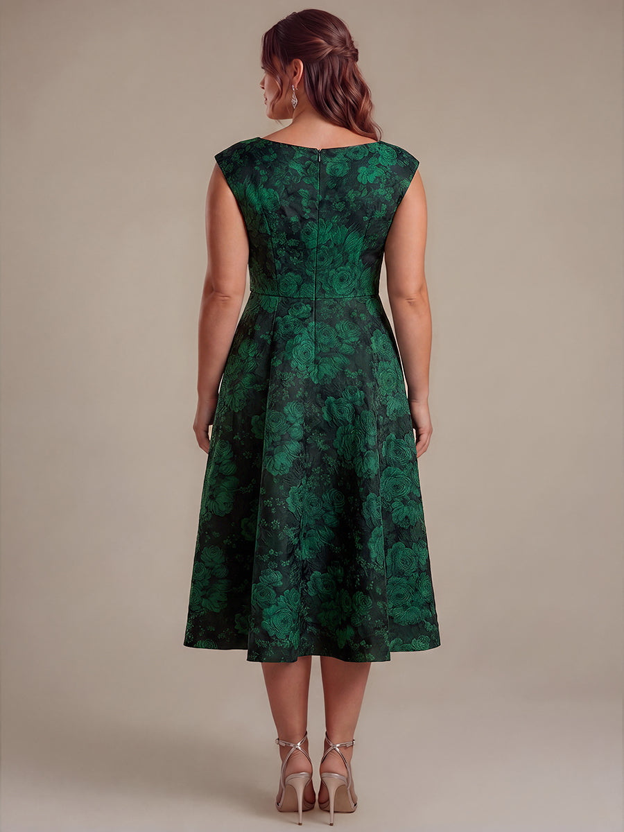 Plus Size Floral Jacquard Tea-Length A-Line Wedding Guest Dress