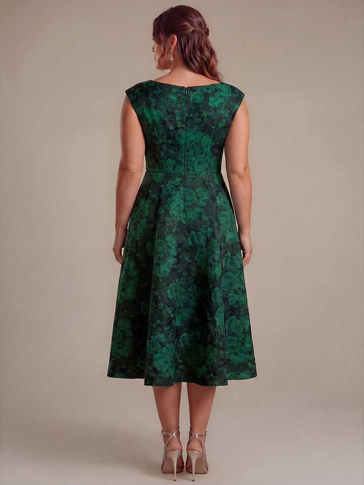 Plus Size Floral Jacquard Tea-Length A-Line Wedding Guest Dress
