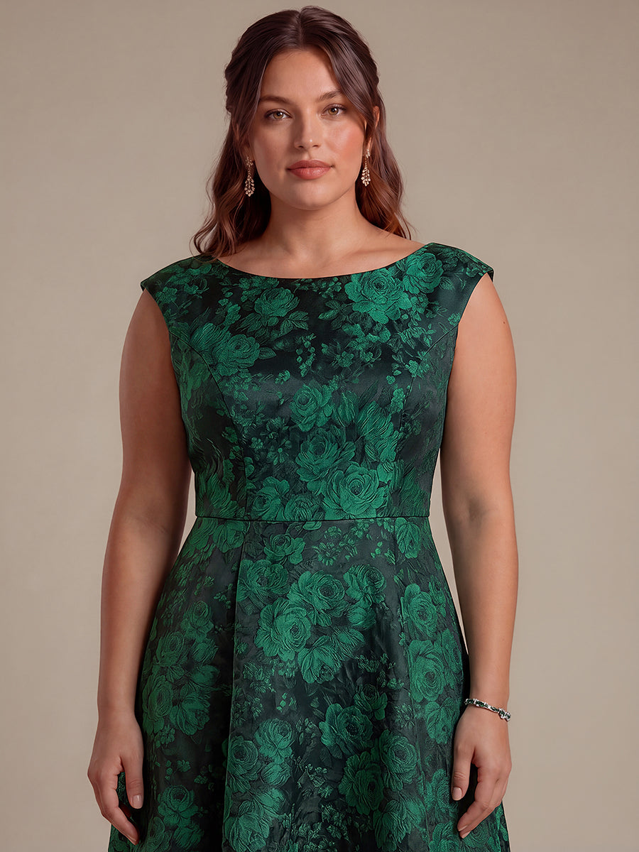 Plus Size Floral Jacquard Tea-Length A-Line Wedding Guest Dress