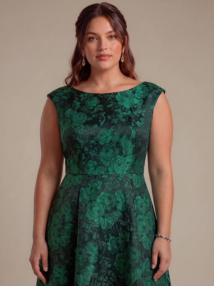 Plus Size Floral Jacquard Tea-Length A-Line Wedding Guest Dress