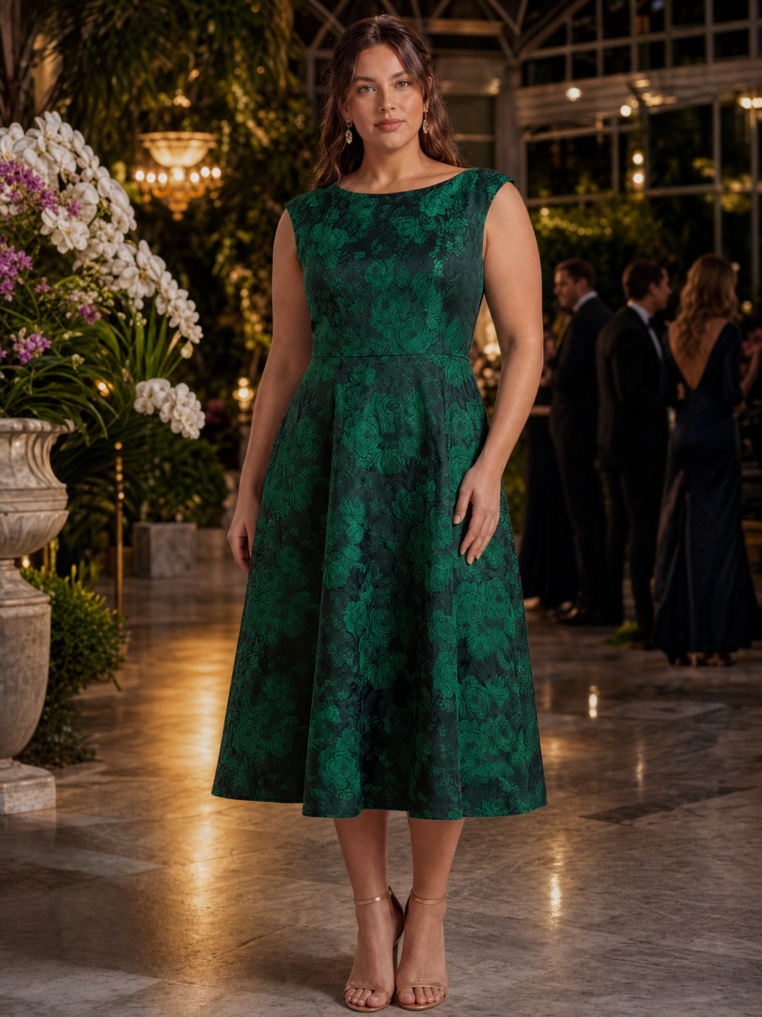 Plus Size Floral Jacquard Tea-Length A-Line Wedding Guest Dress