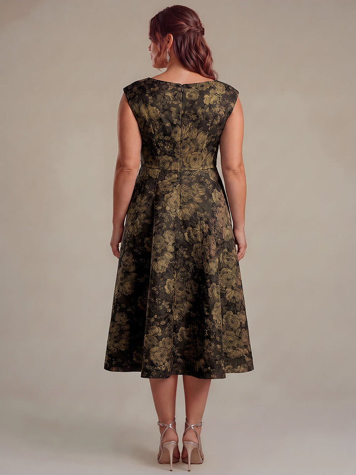 Plus Size Floral Jacquard Tea-Length A-Line Wedding Guest Dress