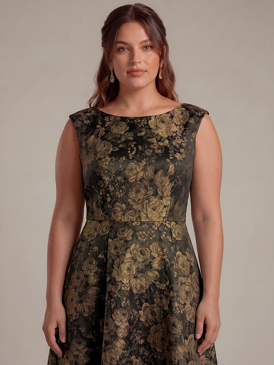 Plus Size Floral Jacquard Tea-Length A-Line Wedding Guest Dress