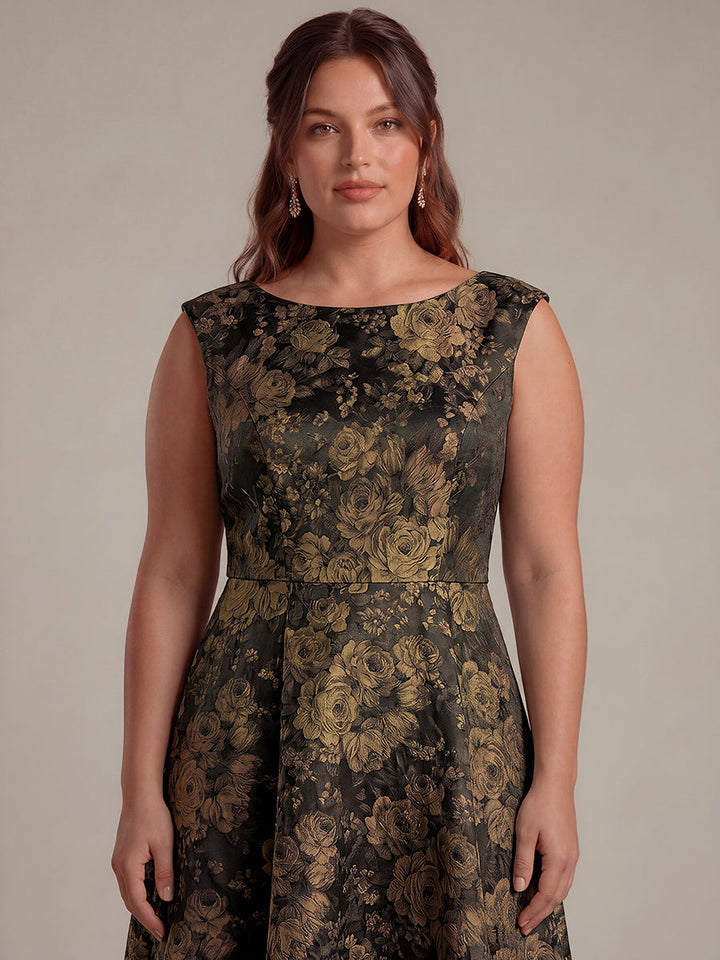 Plus Size Floral Jacquard Tea-Length A-Line Wedding Guest Dress