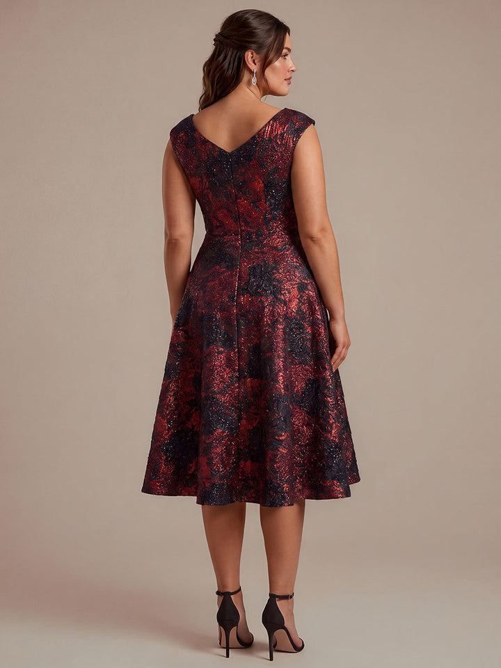 Plus Size Jacquard Double A-Line Midi Wedding Guest Dress