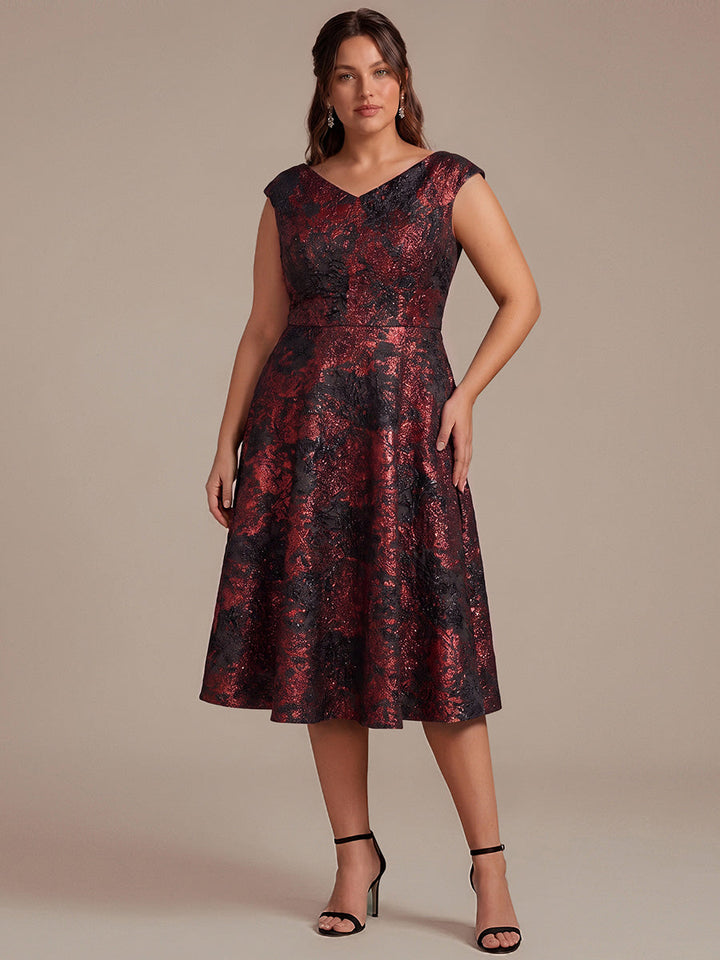 Plus Size Jacquard Double A-Line Midi Wedding Guest Dress