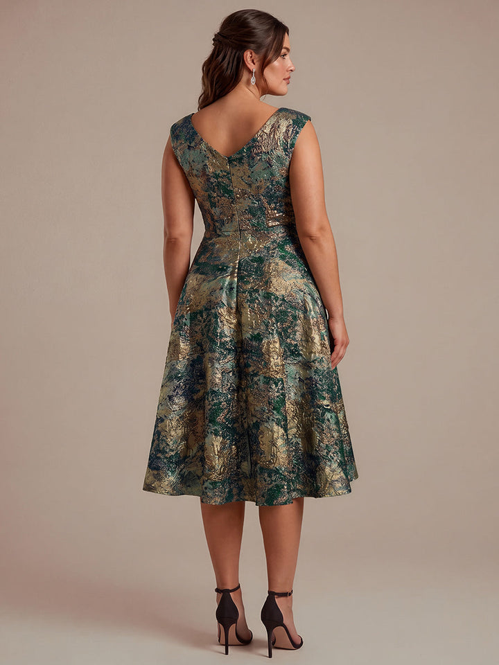 Plus Size Jacquard Double A-Line Midi Wedding Guest Dress