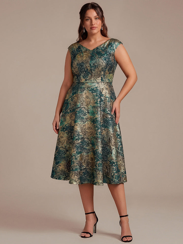 Plus Size Jacquard Double A-Line Midi Wedding Guest Dress