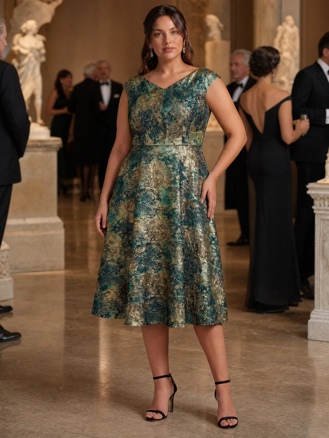 Plus Size Jacquard Double A-Line Midi Wedding Guest Dress
