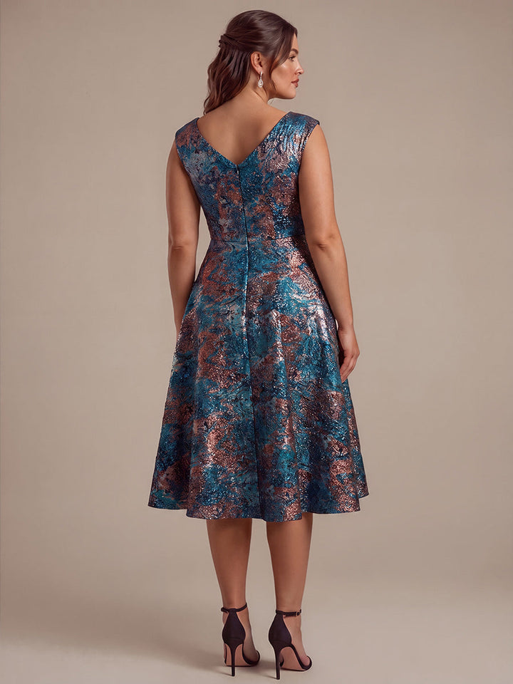 Plus Size Jacquard Double A-Line Midi Wedding Guest Dress