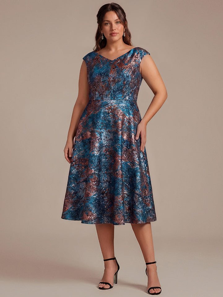Plus Size Jacquard Double A-Line Midi Wedding Guest Dress