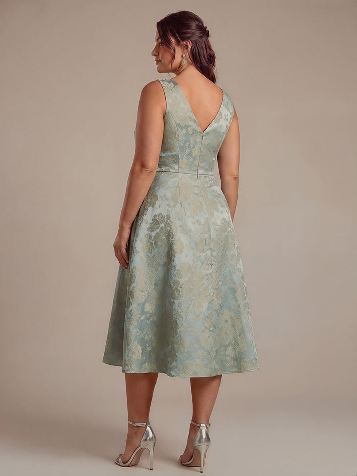 Floral Print Jacquard V-Neck Midi Wedding Guest Dress