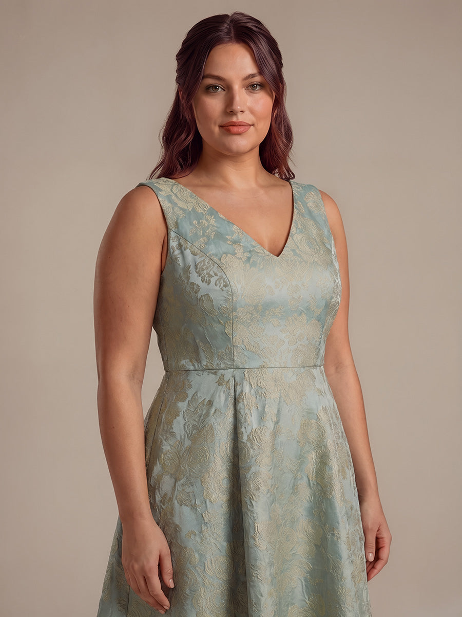 Floral Print Jacquard V-Neck Midi Wedding Guest Dress