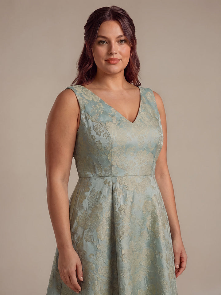 Floral Print Jacquard V-Neck Midi Wedding Guest Dress