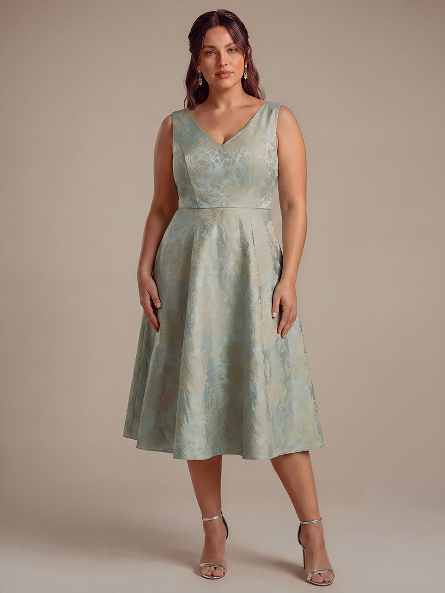 Floral Print Jacquard V-Neck Midi Wedding Guest Dress