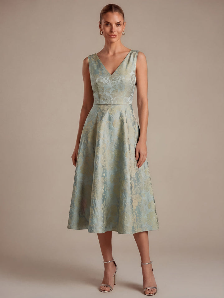 Floral Print Jacquard V-Neck Midi Wedding Guest Dress