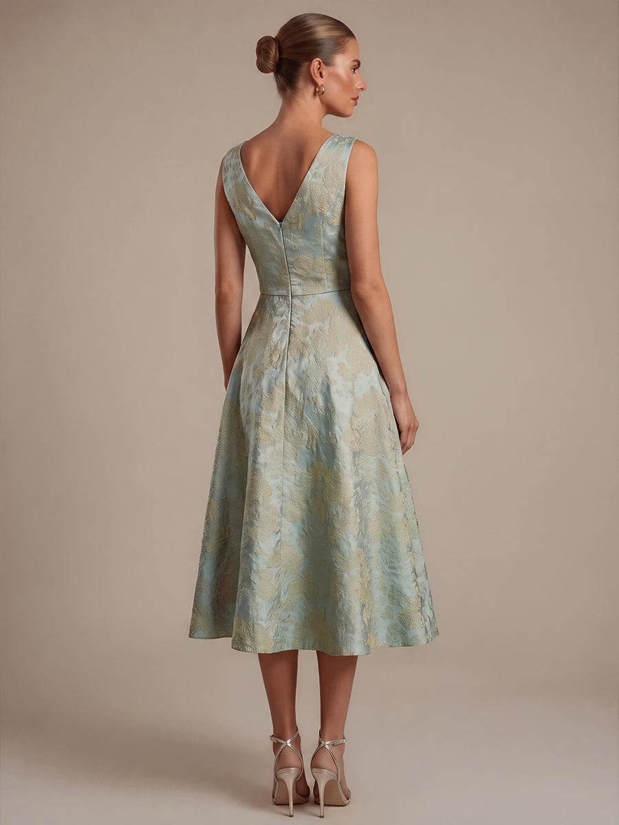 Floral Print Jacquard V-Neck Midi Wedding Guest Dress