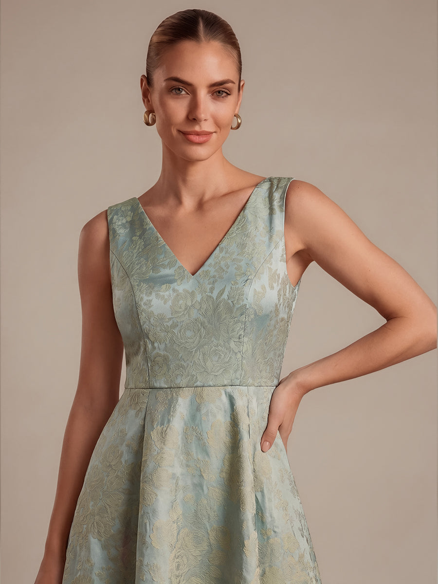 Floral Print Jacquard V-Neck Midi Wedding Guest Dress