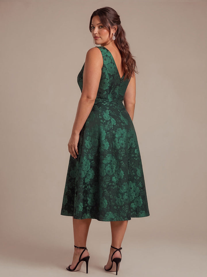 Floral Print Jacquard V-Neck Midi Wedding Guest Dress