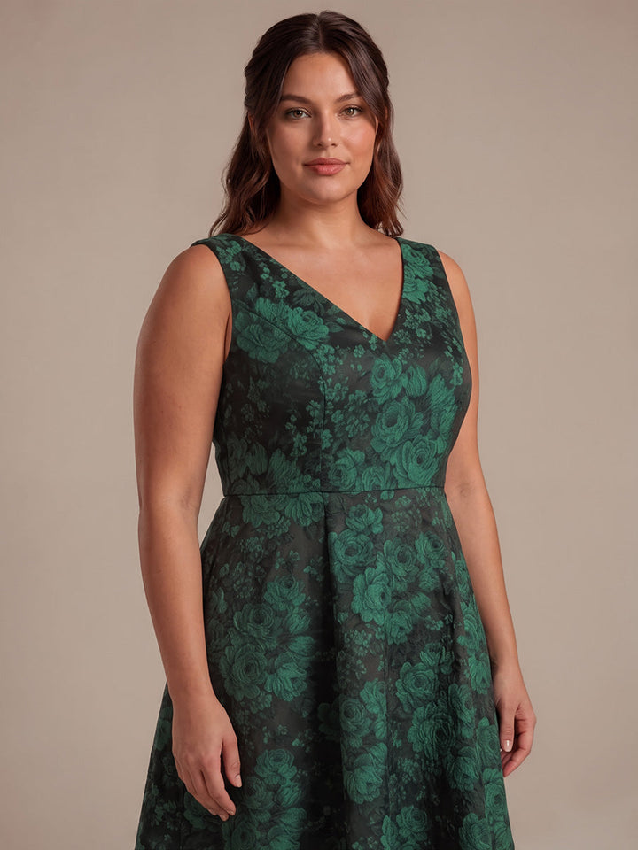 Floral Print Jacquard V-Neck Midi Wedding Guest Dress