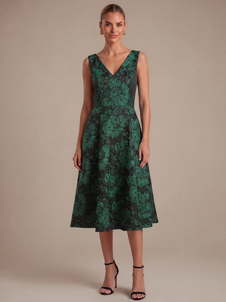 Floral Print Jacquard V-Neck Midi Wedding Guest Dress