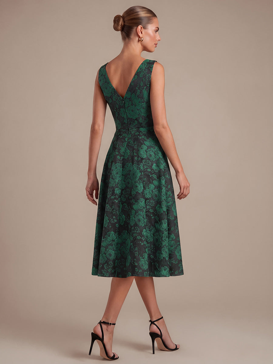 Floral Print Jacquard V-Neck Midi Wedding Guest Dress