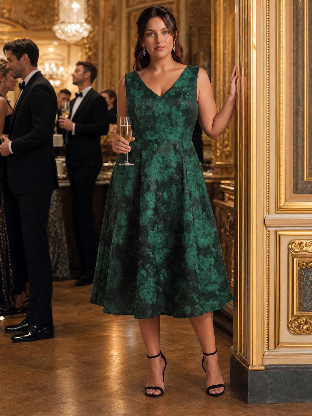 Floral Print Jacquard V-Neck Midi Wedding Guest Dress