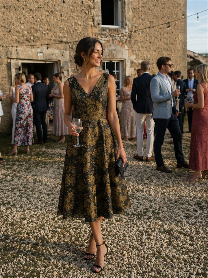 Floral Print Jacquard V-Neck Midi Wedding Guest Dress