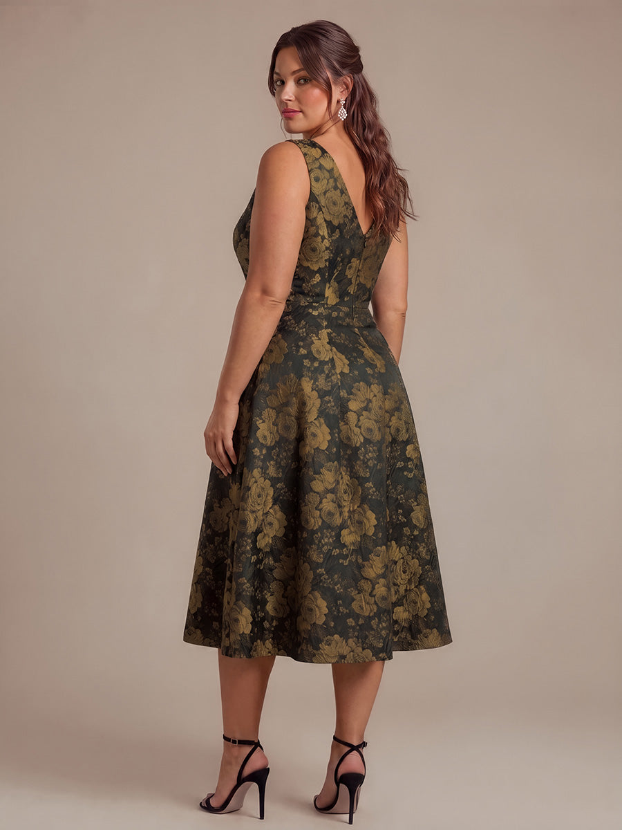 Floral Print Jacquard V-Neck Midi Wedding Guest Dress