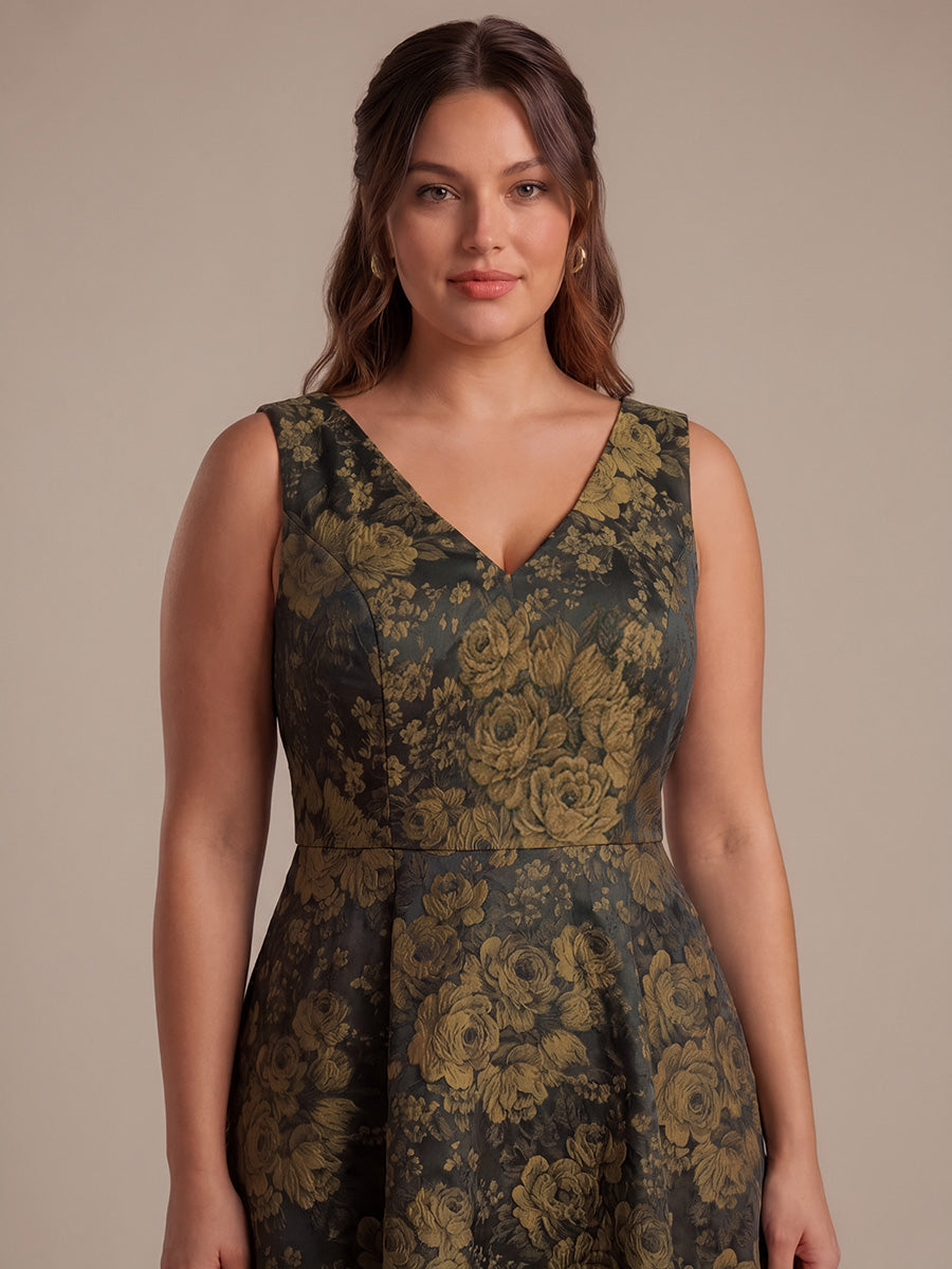 Floral Print Jacquard V-Neck Midi Wedding Guest Dress