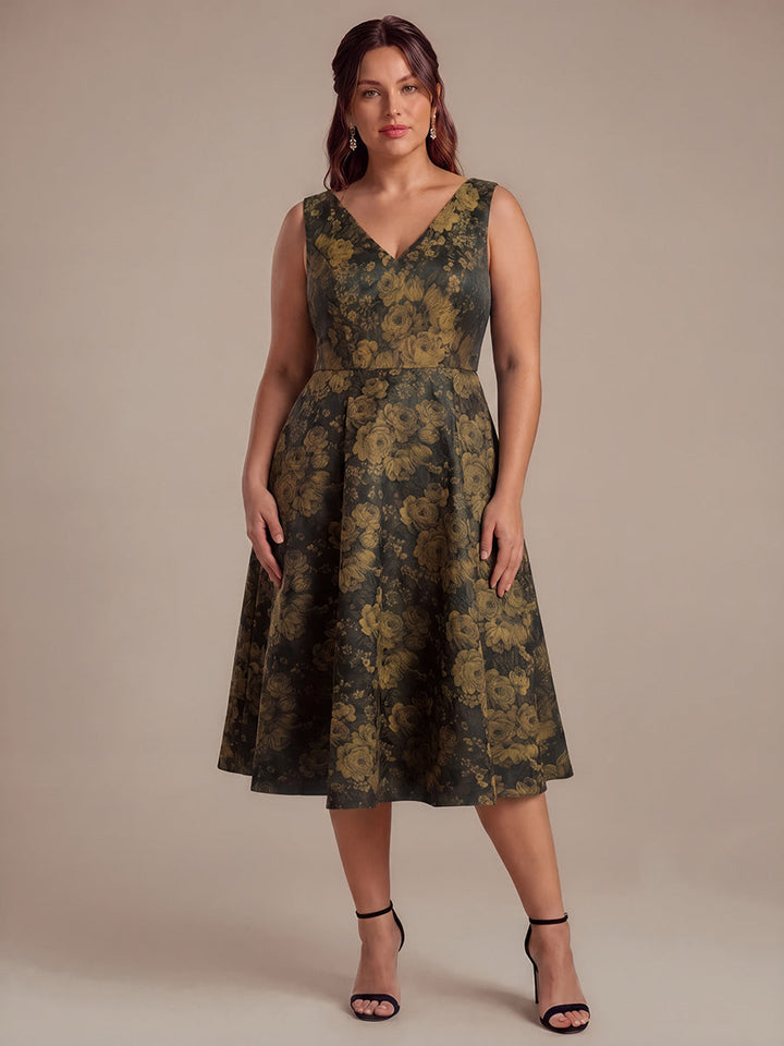 Floral Print Jacquard V-Neck Midi Wedding Guest Dress