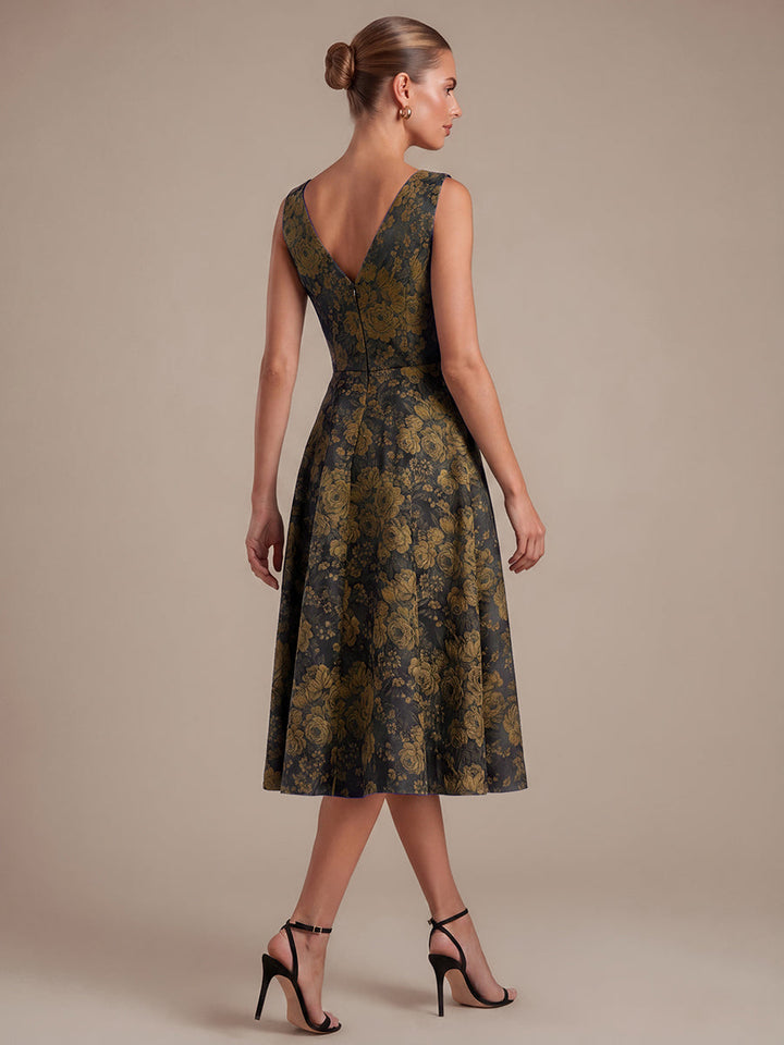 Floral Print Jacquard V-Neck Midi Wedding Guest Dress