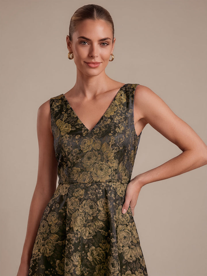 Floral Print Jacquard V-Neck Midi Wedding Guest Dress
