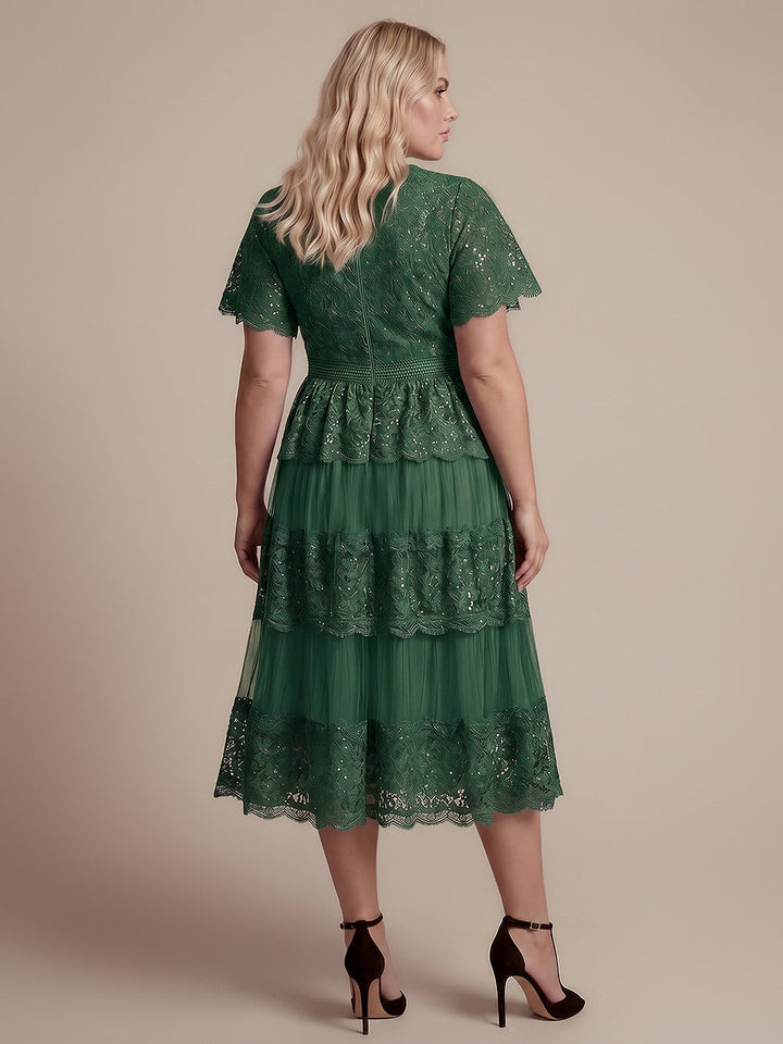 Plus Size Tiered Tulle Lace Wedding Guest Dress