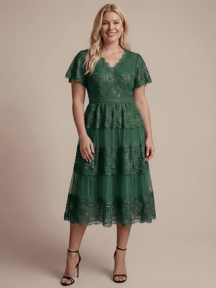 Plus Size Tiered Tulle Lace Wedding Guest Dress