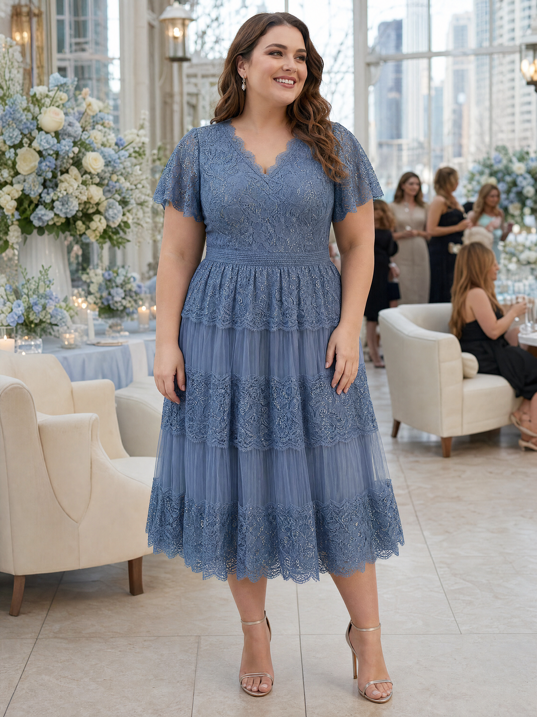 Plus Size Tiered Tulle Lace Wedding Guest Dress