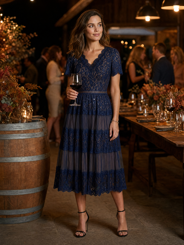 Lace Ruffle Sleeve A-Line Wedding Guest Dress