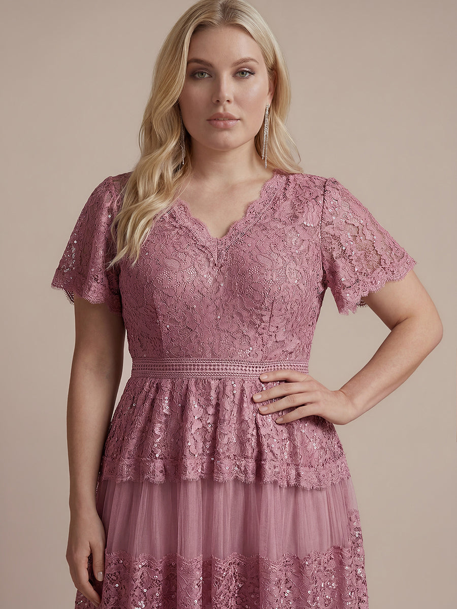 Plus Size Tiered Tulle Lace Wedding Guest Dress