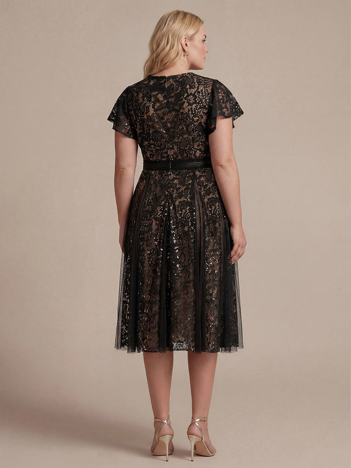 Plus Size Lace Ruffle Sleeve Wedding Guest Dress