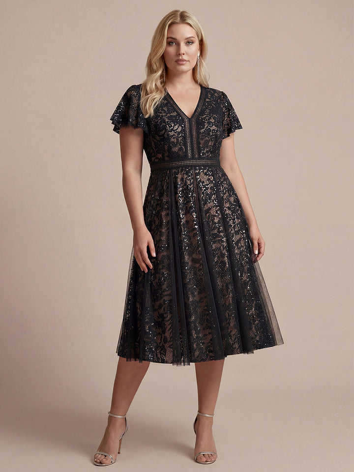 Lace Flutter Sleeve A-Line Wedding Guest Dress